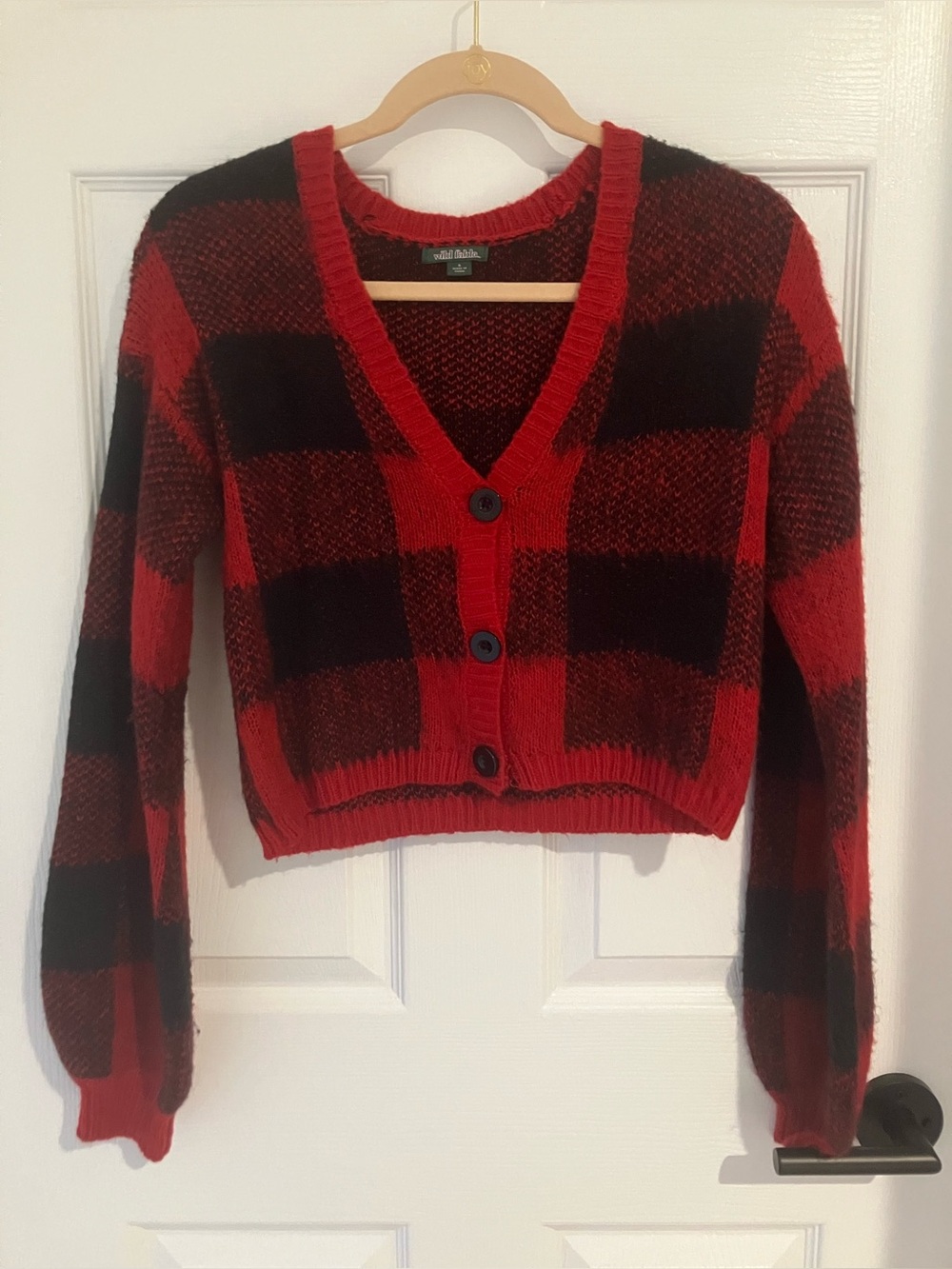 wild fable Red & Black Plaid Cropped V-Neck Cardigan